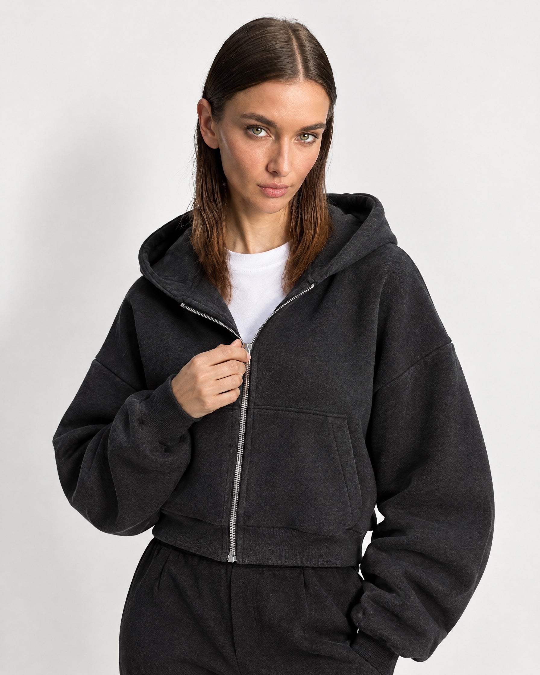 Charcoal Zip Hoodie Cropped Fleece Lined Hooded Jacket for Women