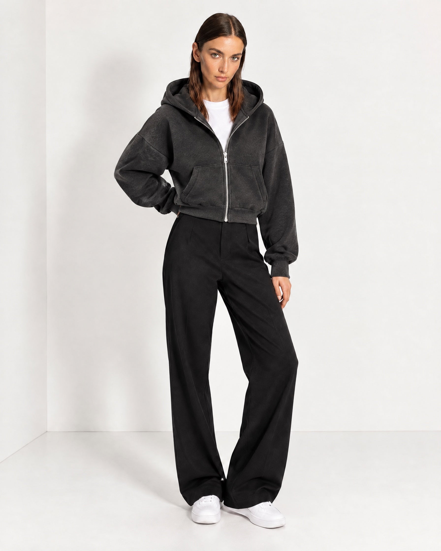 Charcoal Zip Hoodie Cropped Fleece Lined Hooded Jacket for Women