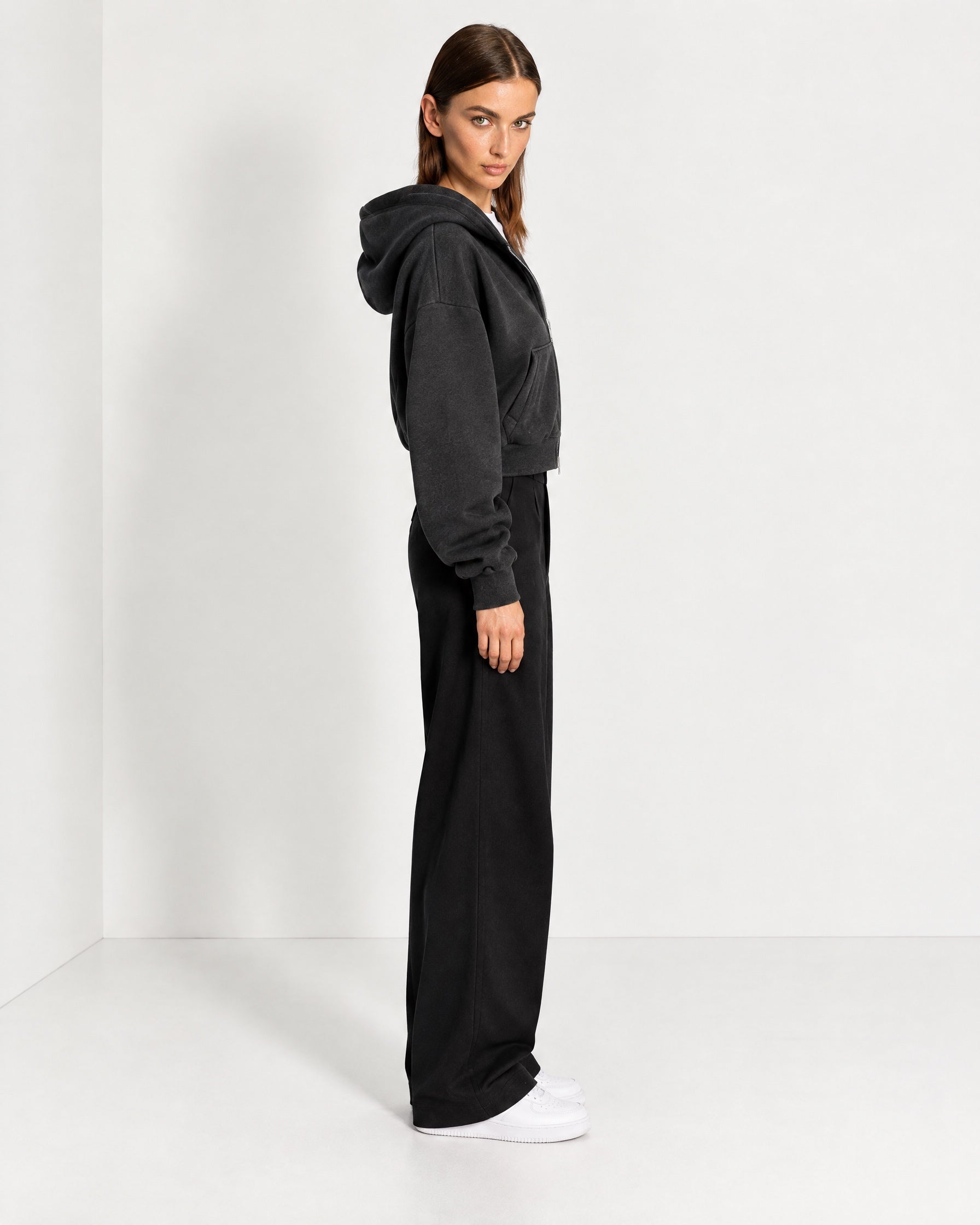 Charcoal Zip Hoodie Cropped Fleece Lined Hooded Jacket for Women