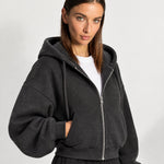 Charcoal Zip Hoodie Cropped Fleece Lined Hooded Jacket for Women