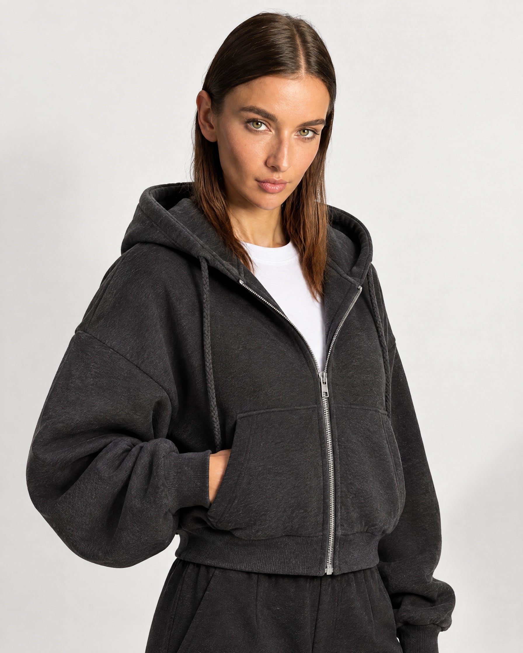 Charcoal Zip Hoodie Cropped Fleece Lined Hooded Jacket for Women