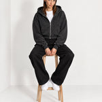 Charcoal Zip Hoodie Cropped Fleece Lined Hooded Jacket for Women