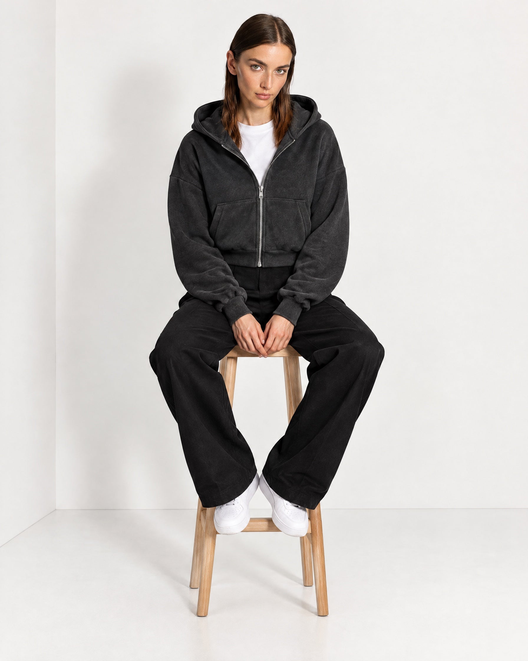 Charcoal Zip Hoodie Cropped Fleece Lined Hooded Jacket for Women