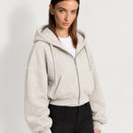 Grey Marl Zip Hoodie Cropped Fleece Lined Hooded Jacket for Women