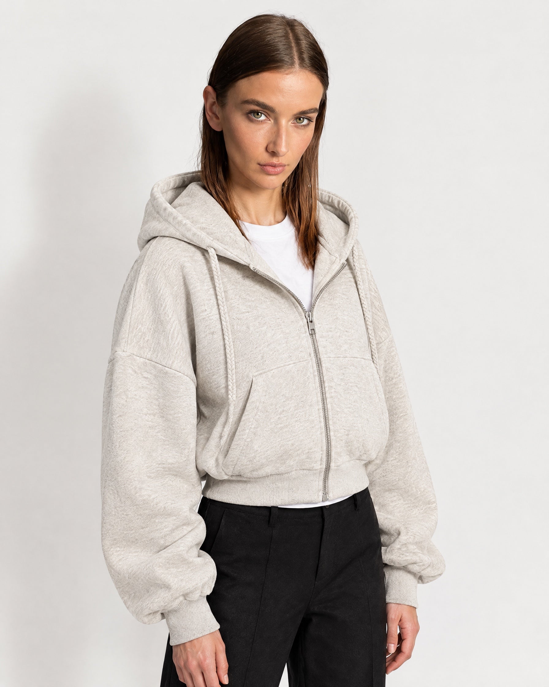 Grey Marl Zip Hoodie Cropped Fleece Lined Hooded Jacket for Women