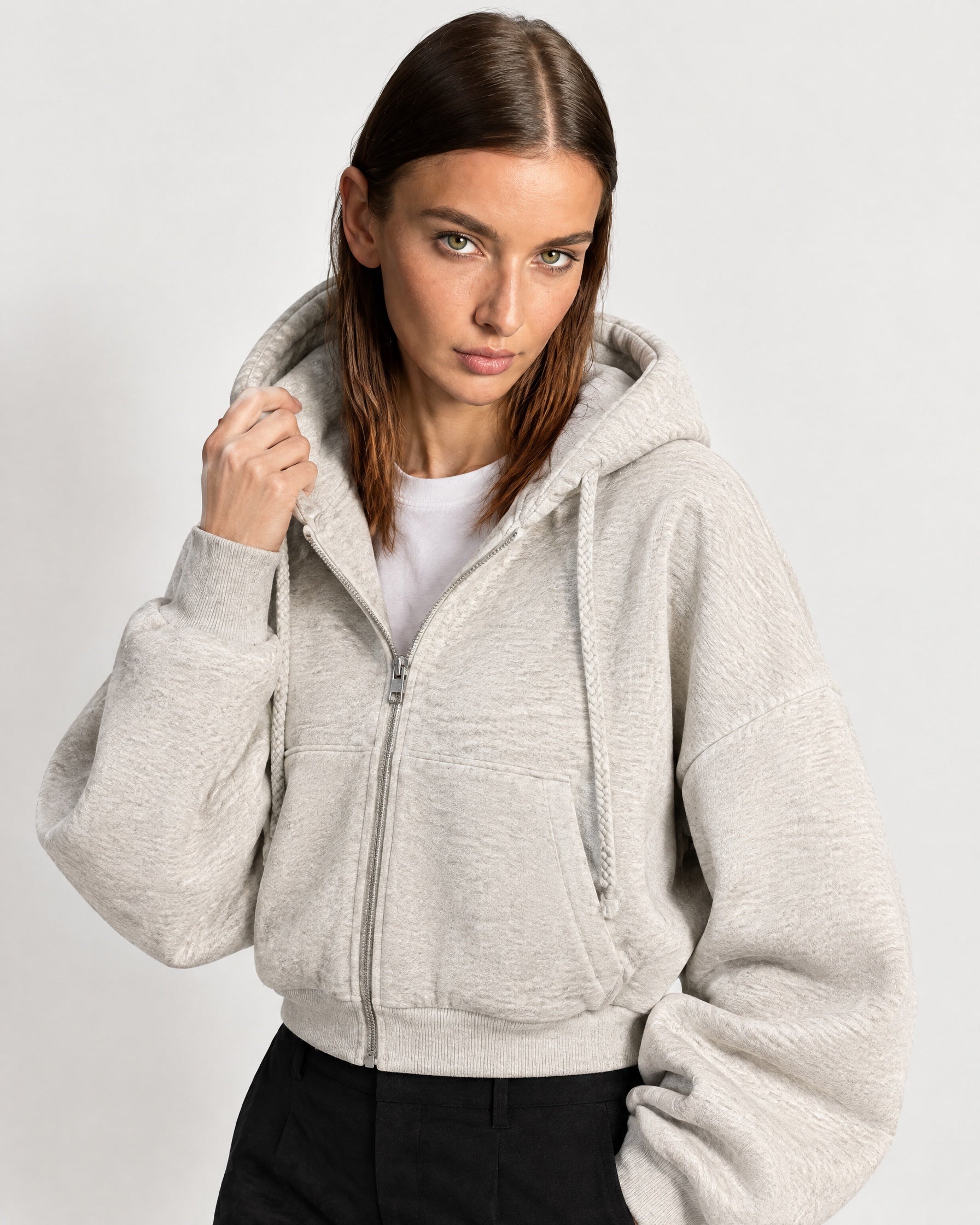 Grey Marl Zip Hoodie Cropped Fleece Lined Hooded Jacket for Women