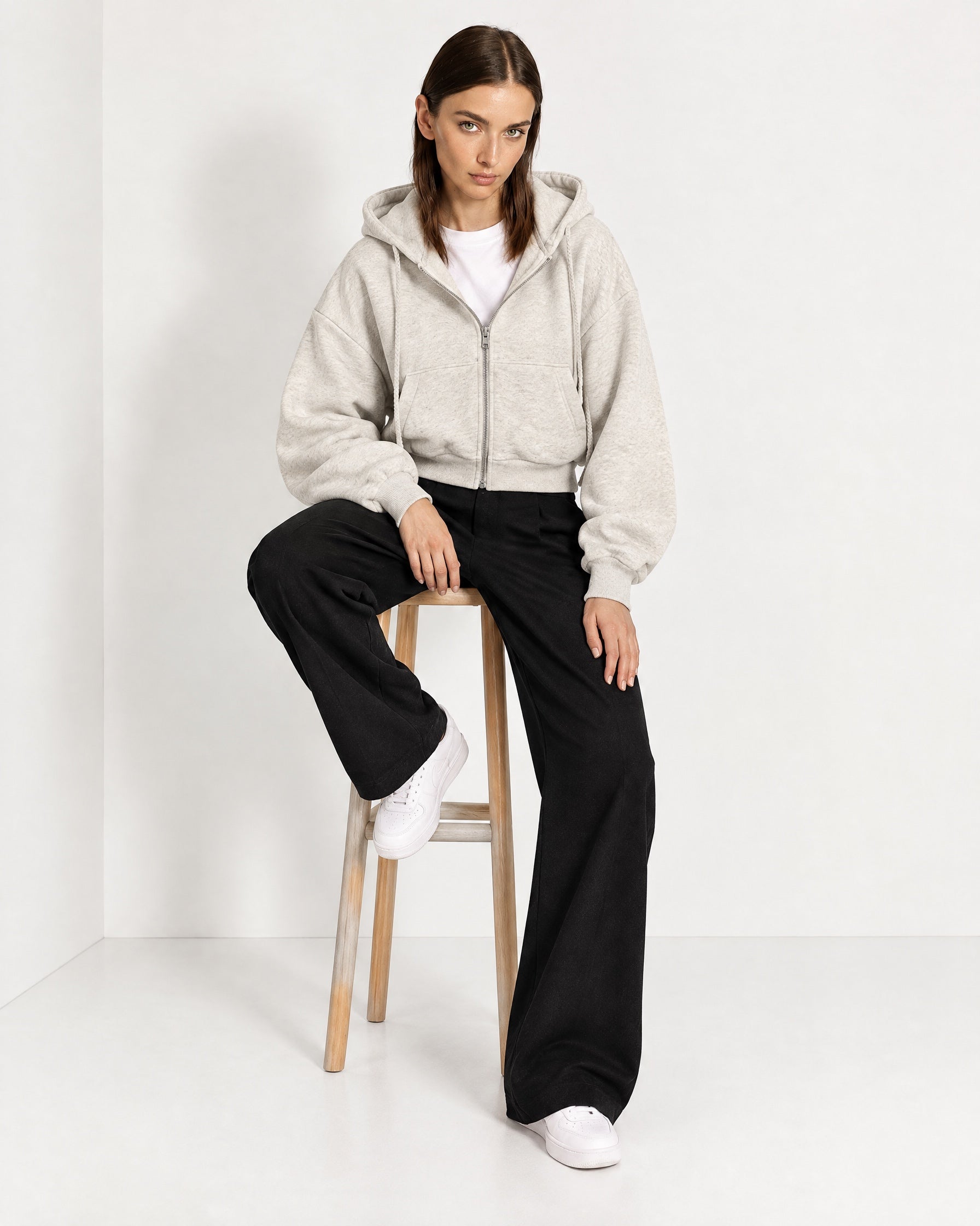 Grey Marl Zip Hoodie Cropped Fleece Lined Hooded Jacket for Women