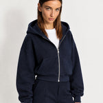 Navy Zip Hoodie Cropped Fleece Lined Hooded Jacket for Women