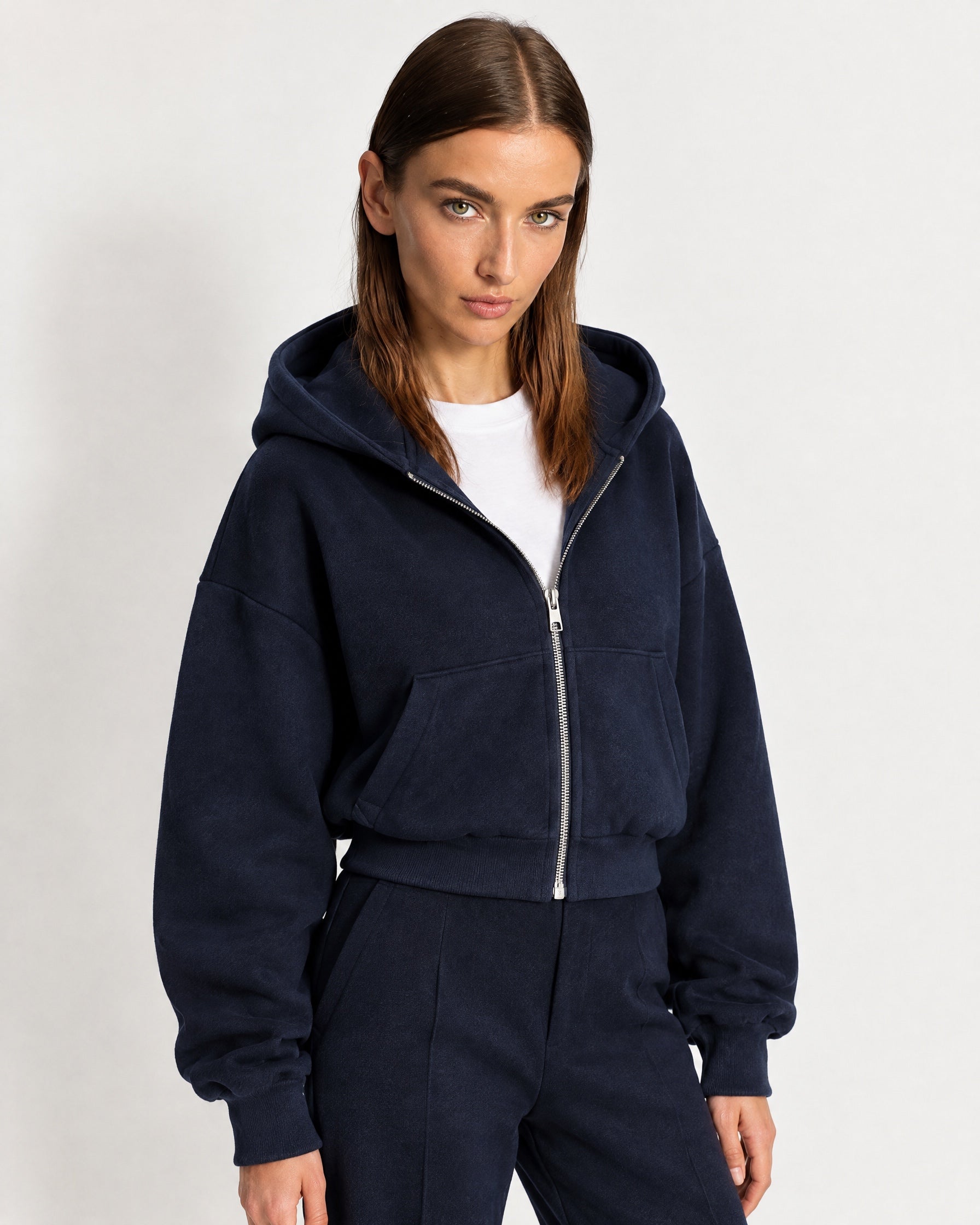 Navy Zip Hoodie Cropped Fleece Lined Hooded Jacket for Women