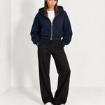 Navy Zip Hoodie Cropped Fleece Lined Hooded Jacket for Women
