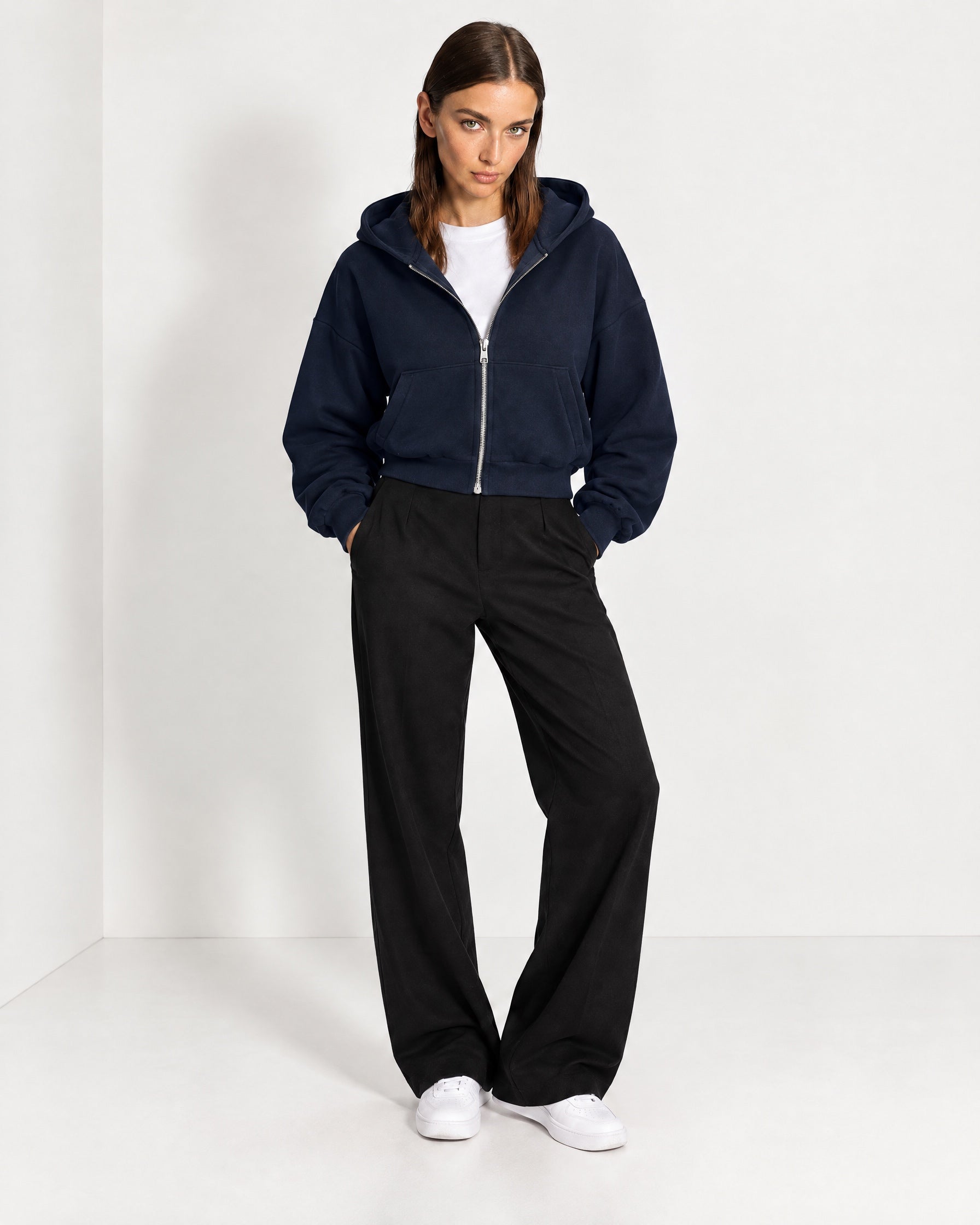 Navy Zip Hoodie Cropped Fleece Lined Hooded Jacket for Women