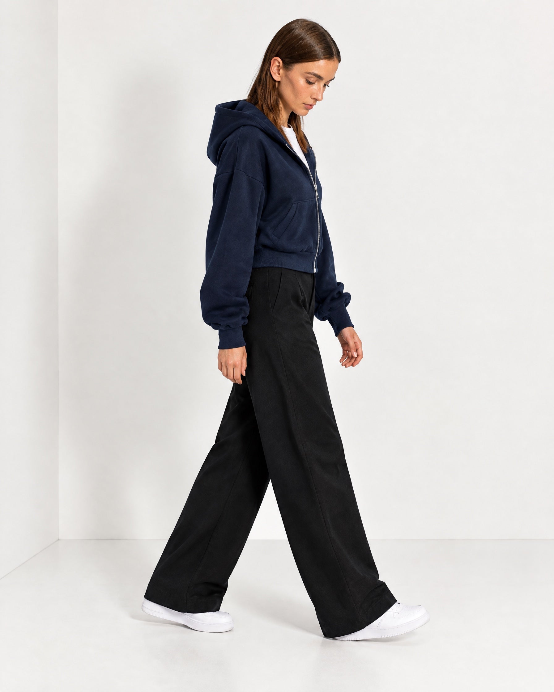 Navy Zip Hoodie Cropped Fleece Lined Hooded Jacket for Women