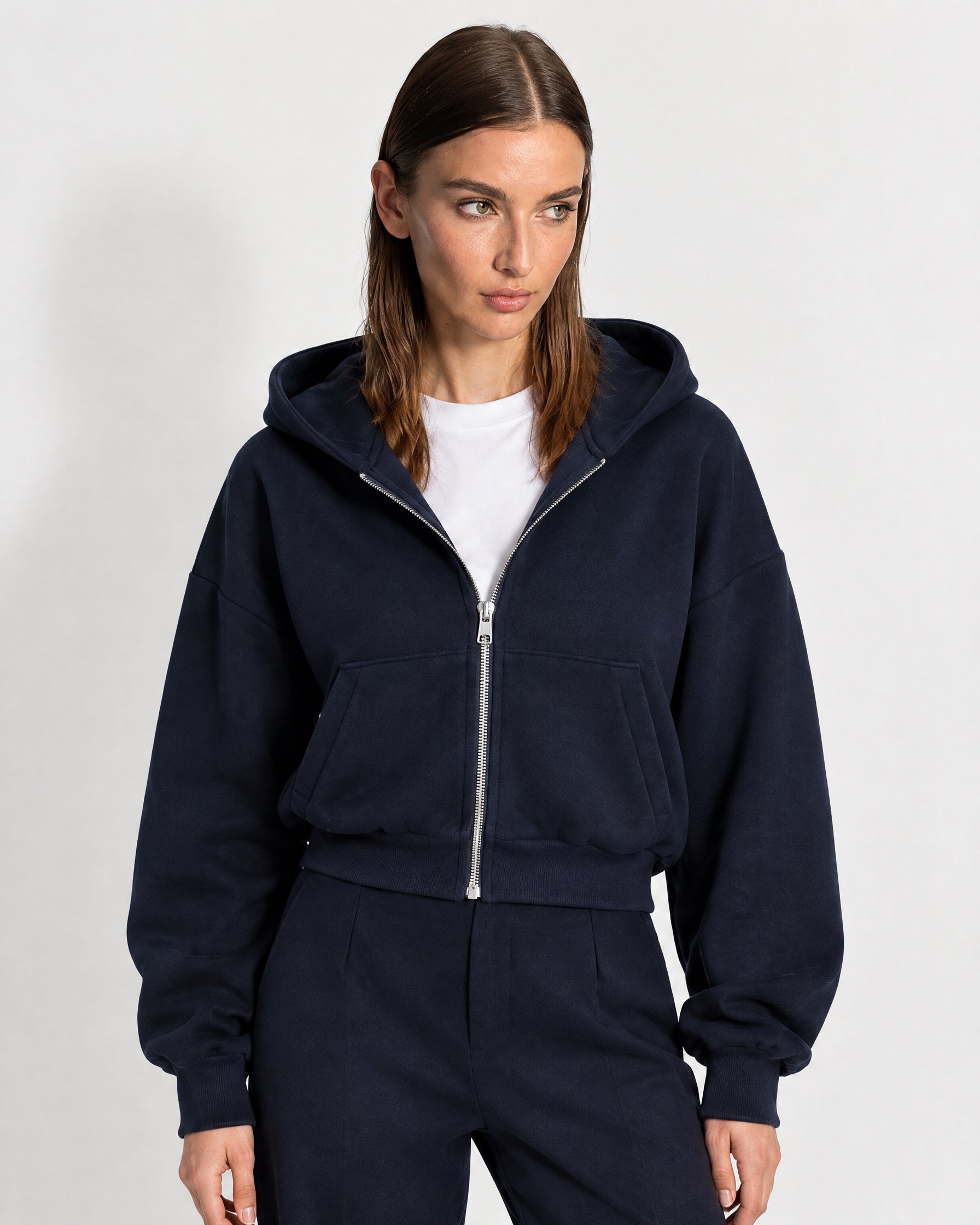 Navy Zip Hoodie Cropped Fleece Lined Hooded Jacket for Women