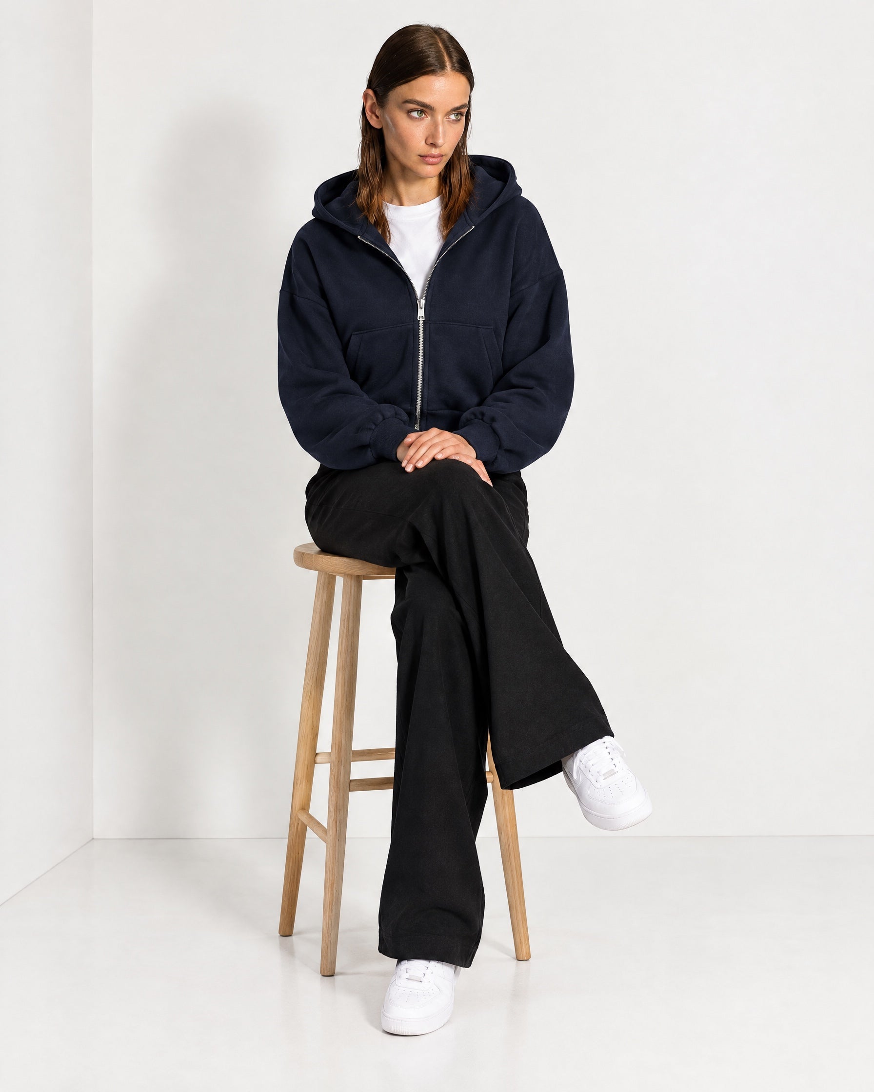 Navy Zip Hoodie Cropped Fleece Lined Hooded Jacket for Women