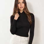 Black High Neck Jumper Crossover Collar Fitted Rib