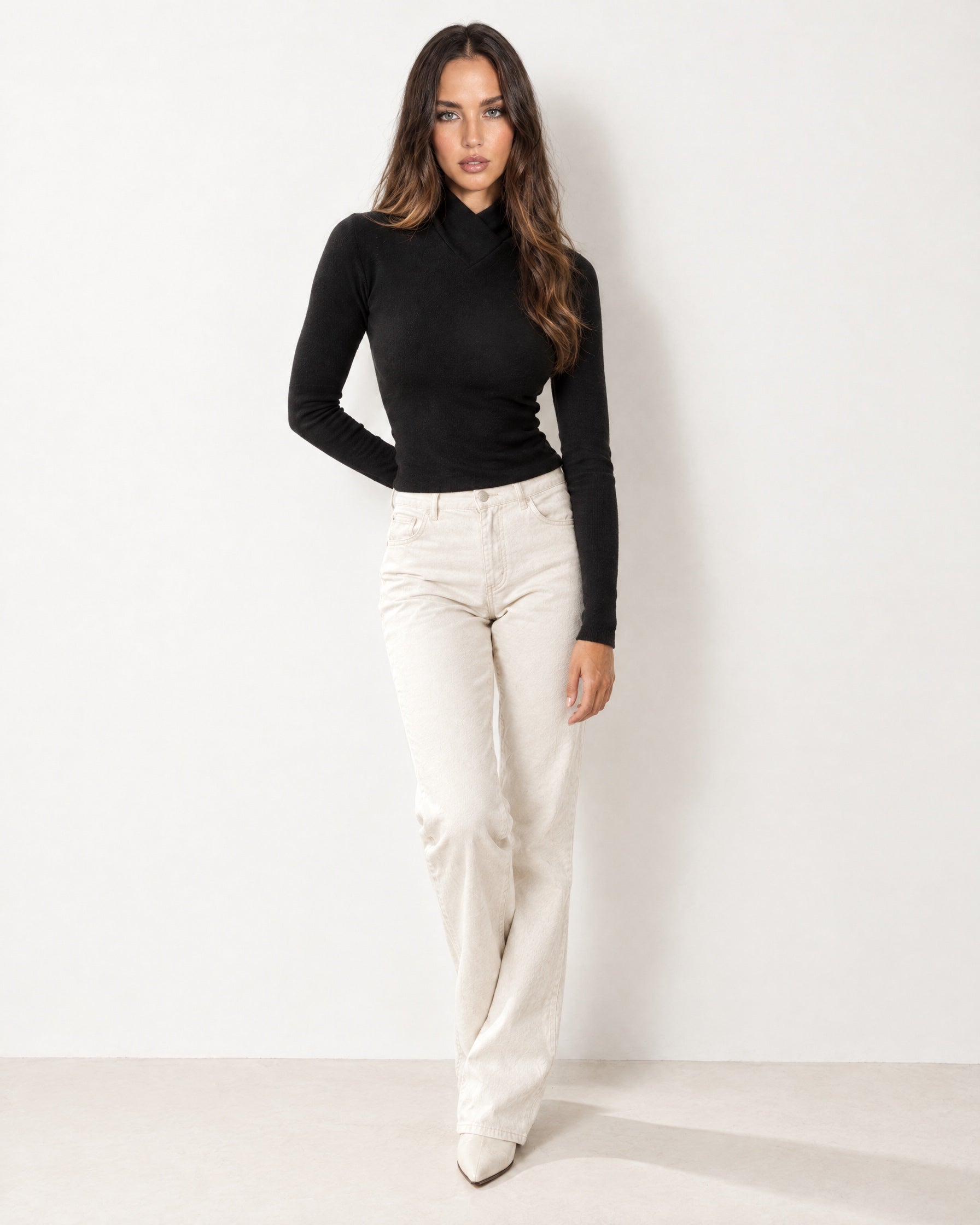 Black High Neck Jumper Crossover Collar Fitted Rib