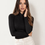 Black High Neck Jumper Crossover Collar Fitted Rib