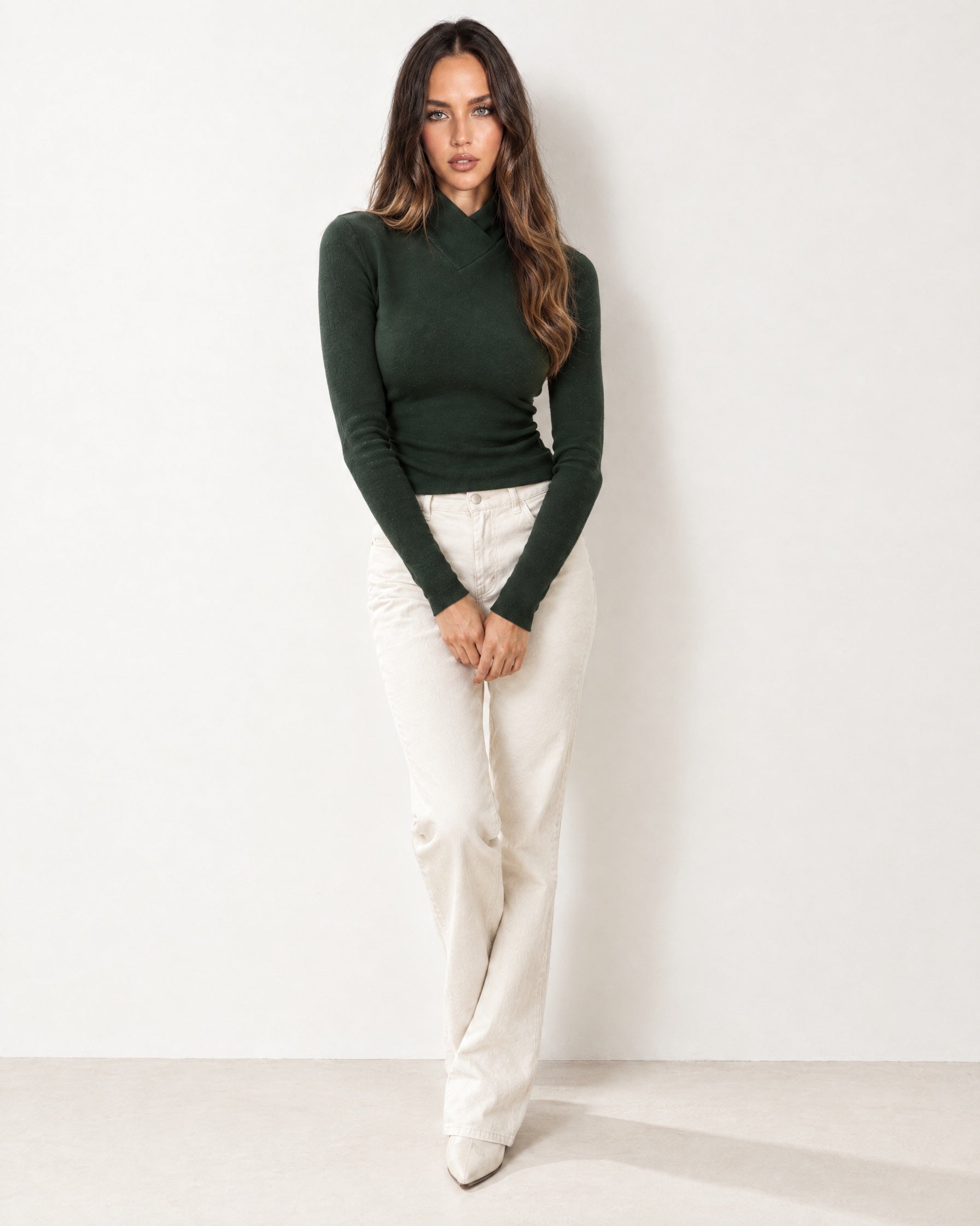 Dark Green High Neck Jumper Crossover Collar Fitted Rib