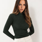 Dark Green High Neck Jumper Crossover Collar Fitted Rib