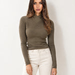 Khaki High Neck Jumper Crossover Collar Fitted Rib