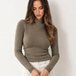 Khaki High Neck Jumper Crossover Collar Fitted Rib