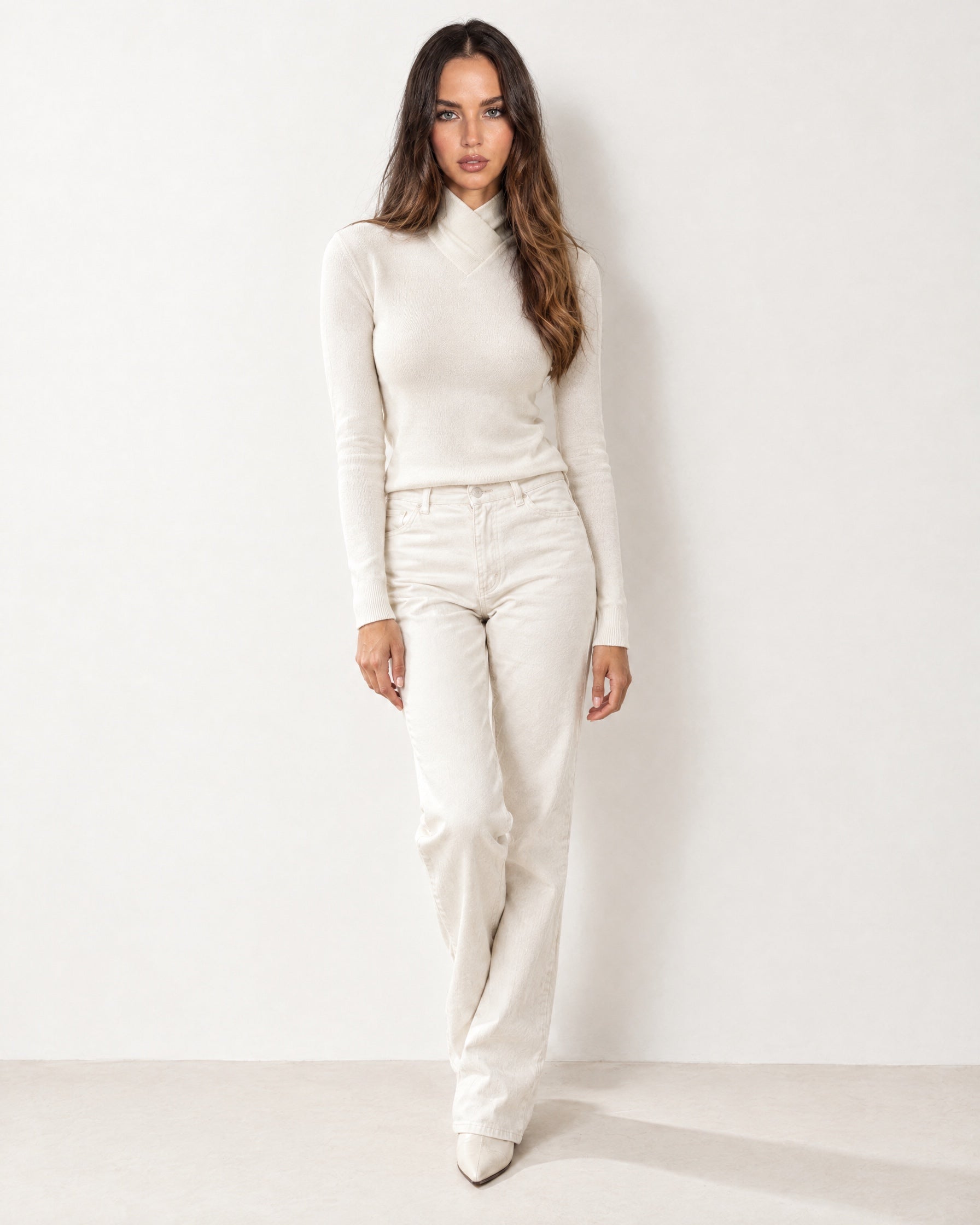 White High Neck Jumper Crossover Collar Fitted Rib
