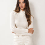 White High Neck Jumper Crossover Collar Fitted Rib