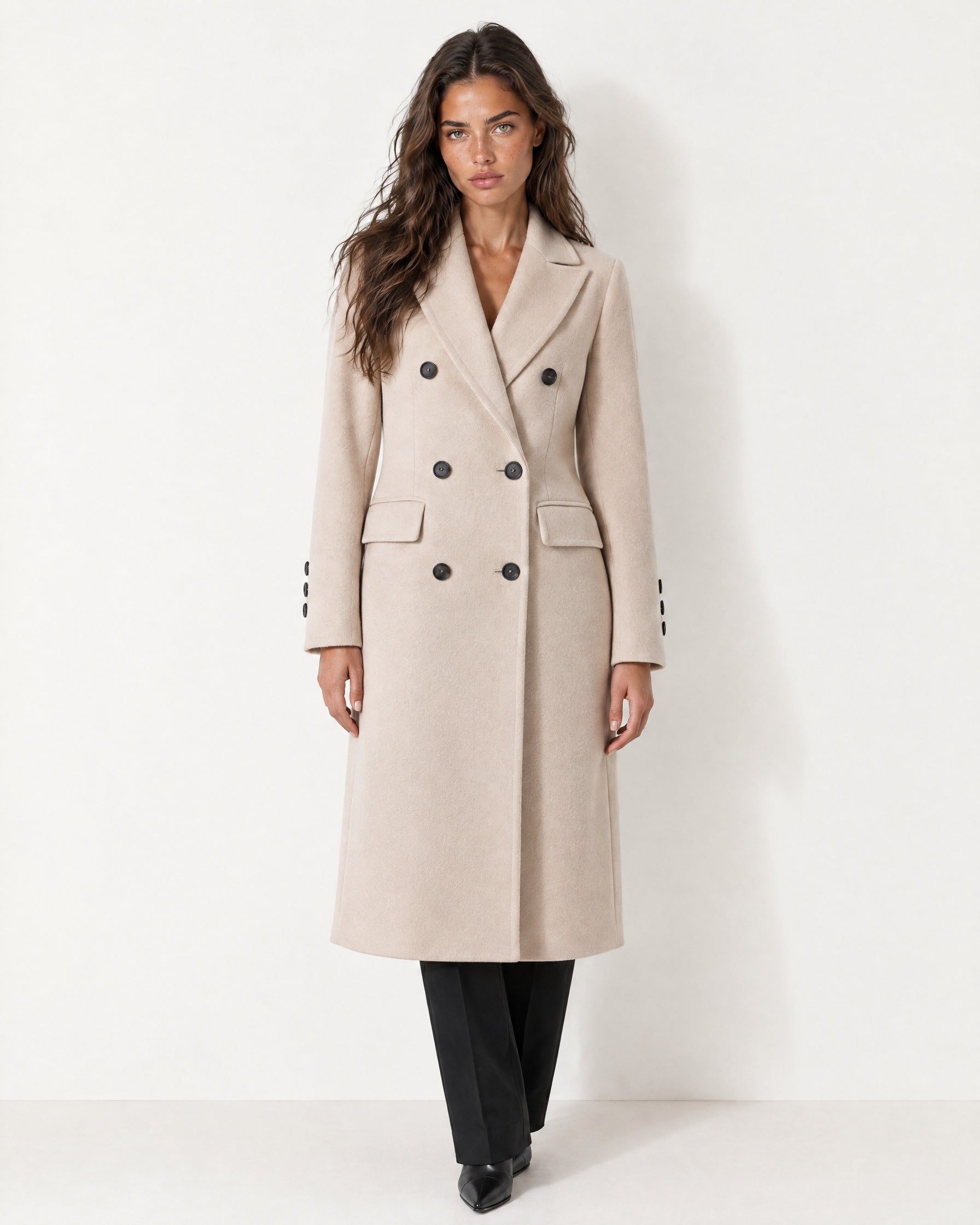 Beige Double Breasted Coat Long Tailored