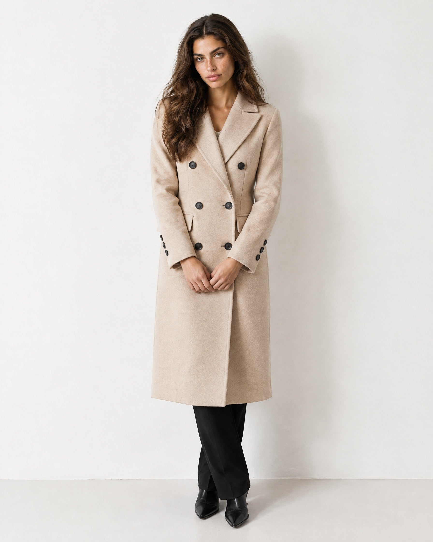 Beige Double Breasted Coat Long Tailored