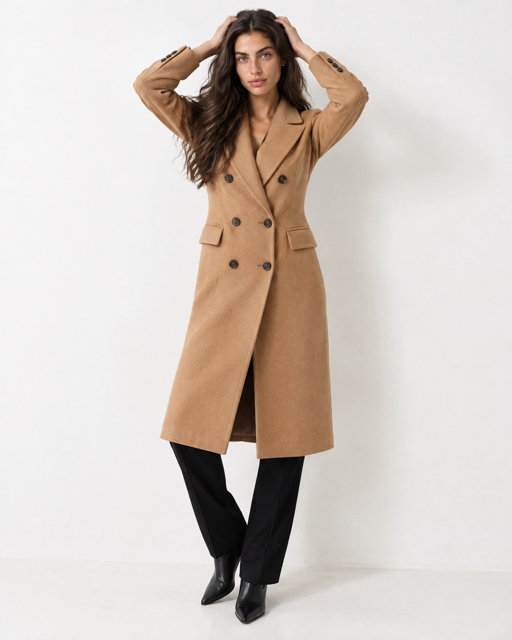 Camel Double Breasted Coat Long Tailored