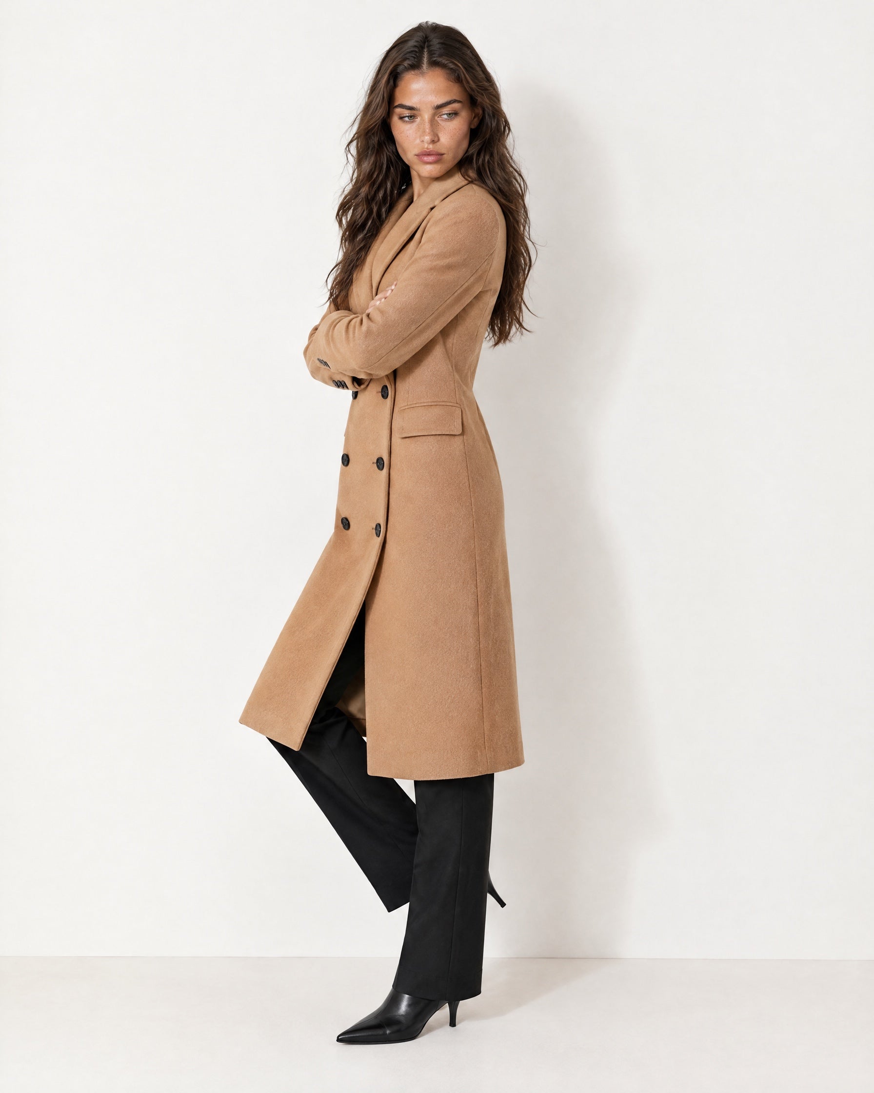 Camel Double Breasted Coat Long Tailored
