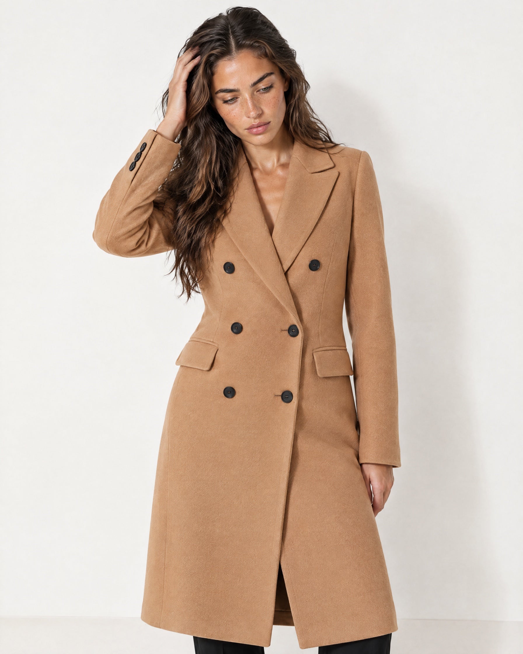 Camel Double Breasted Coat Long Tailored