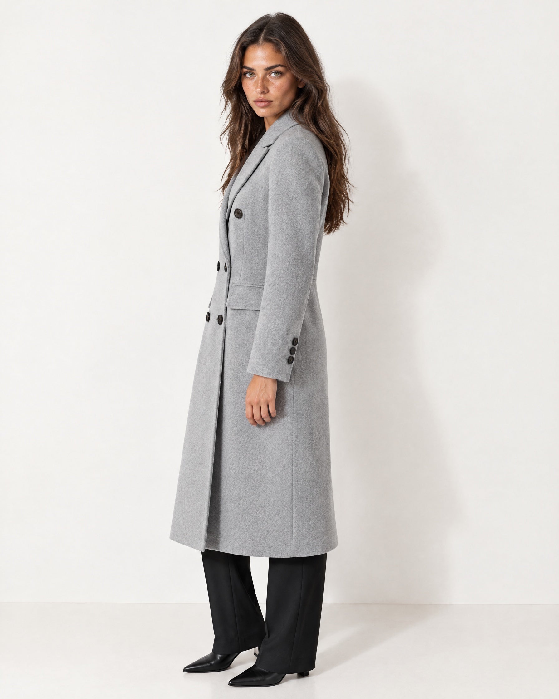 Grey Double Breasted Coat Long Tailored