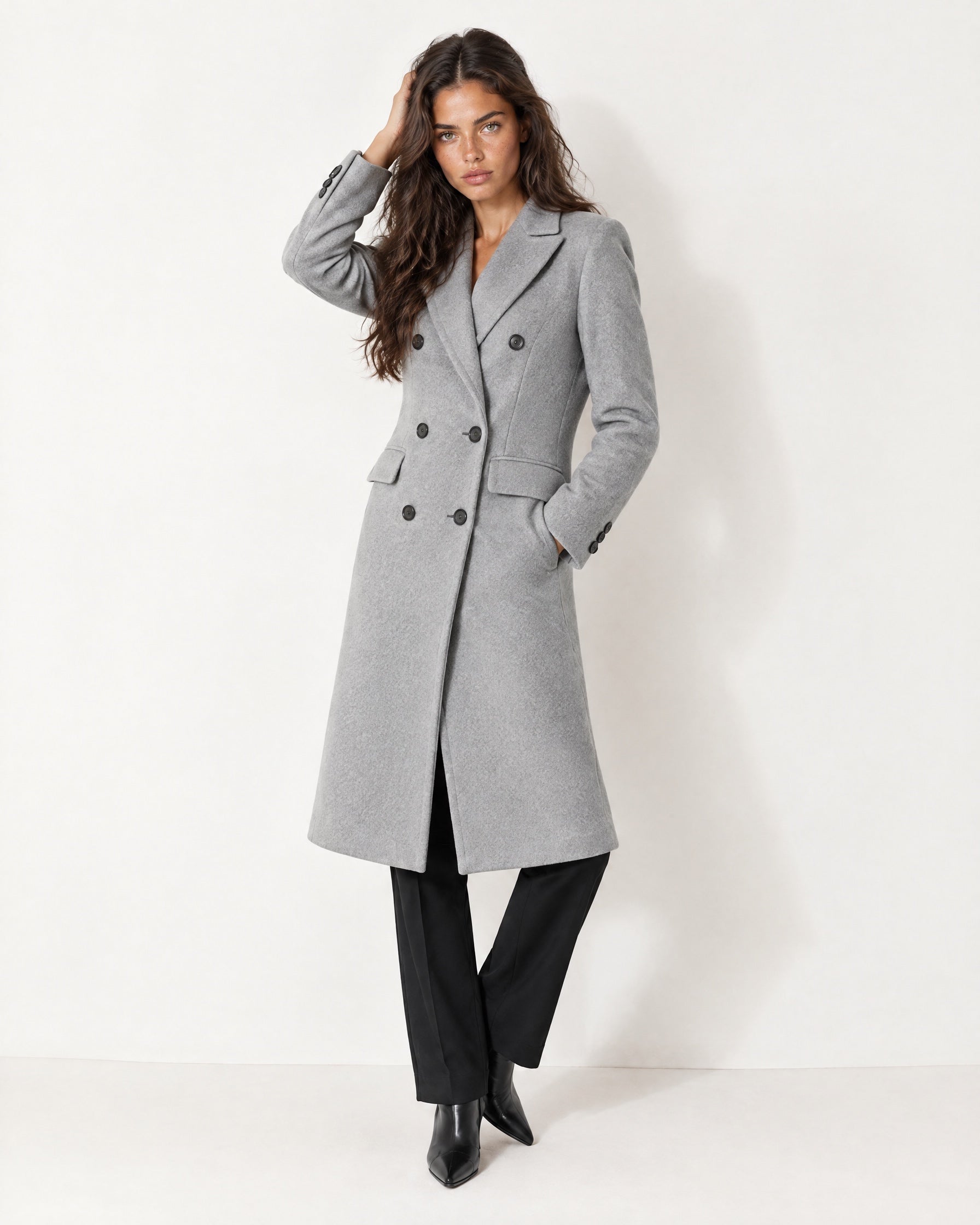 Grey Double Breasted Coat Long Tailored