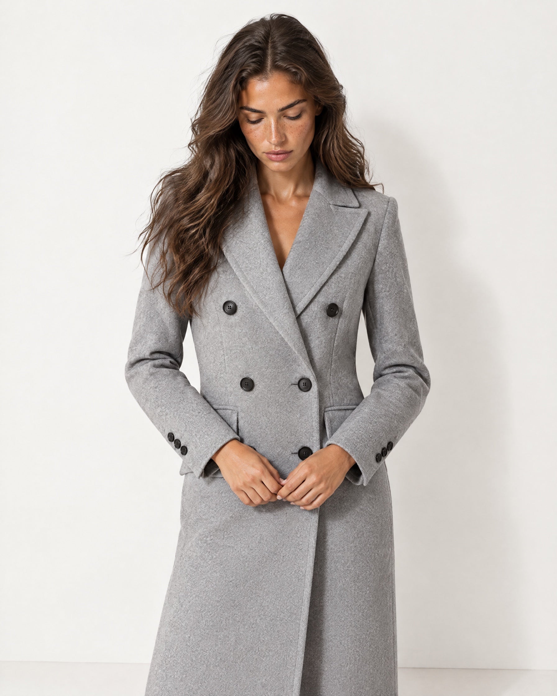 Grey Double Breasted Coat Long Tailored