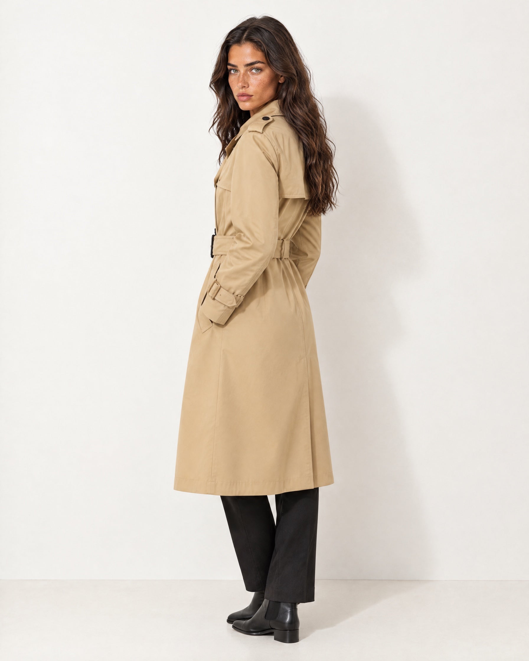 Beige Long Trench Coat Belted Double Breasted