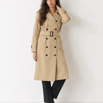Beige Long Trench Coat Belted Double Breasted