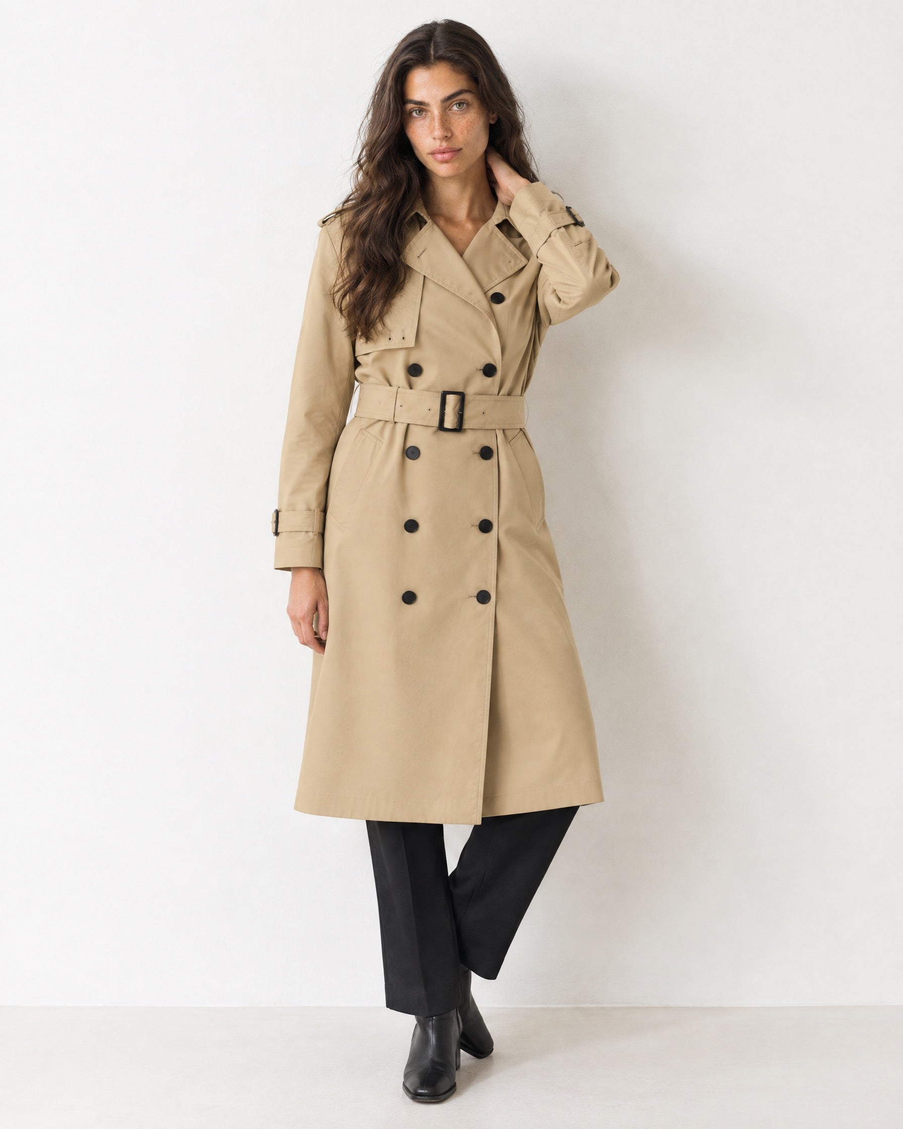 Beige Long Trench Coat Belted Double Breasted
