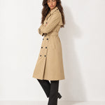 Beige Long Trench Coat Belted Double Breasted