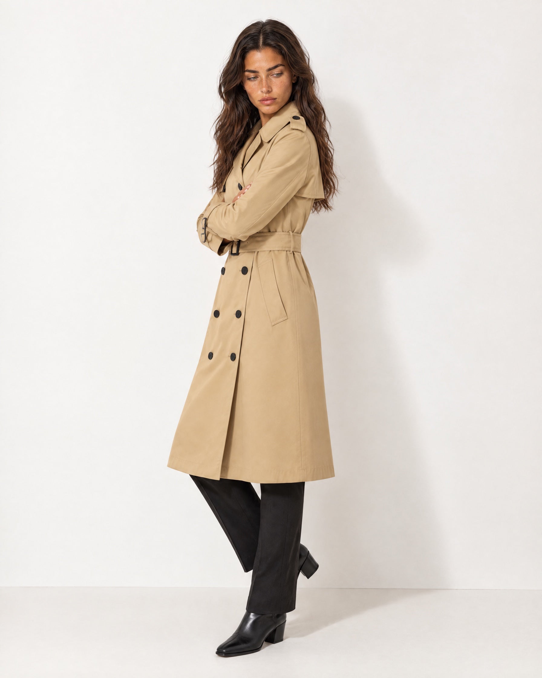 Beige Long Trench Coat Belted Double Breasted