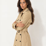 Beige Long Trench Coat Belted Double Breasted