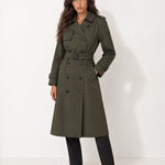 Dark Green Long Trench Coat Belted Double Breasted