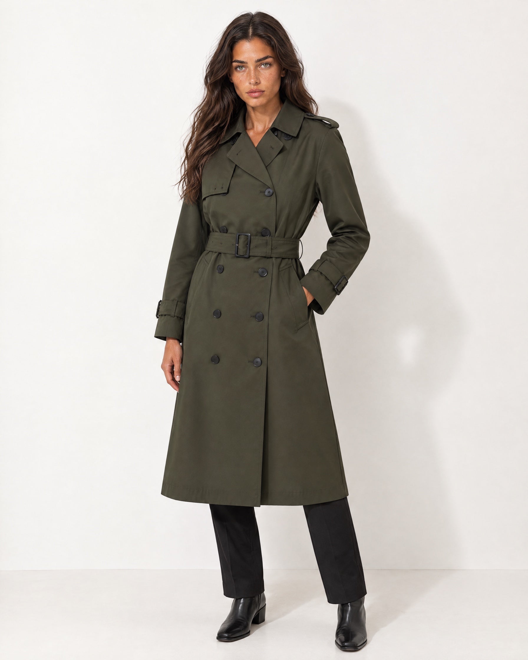 Dark Green Long Trench Coat Belted Double Breasted