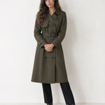 Dark Green Long Trench Coat Belted Double Breasted