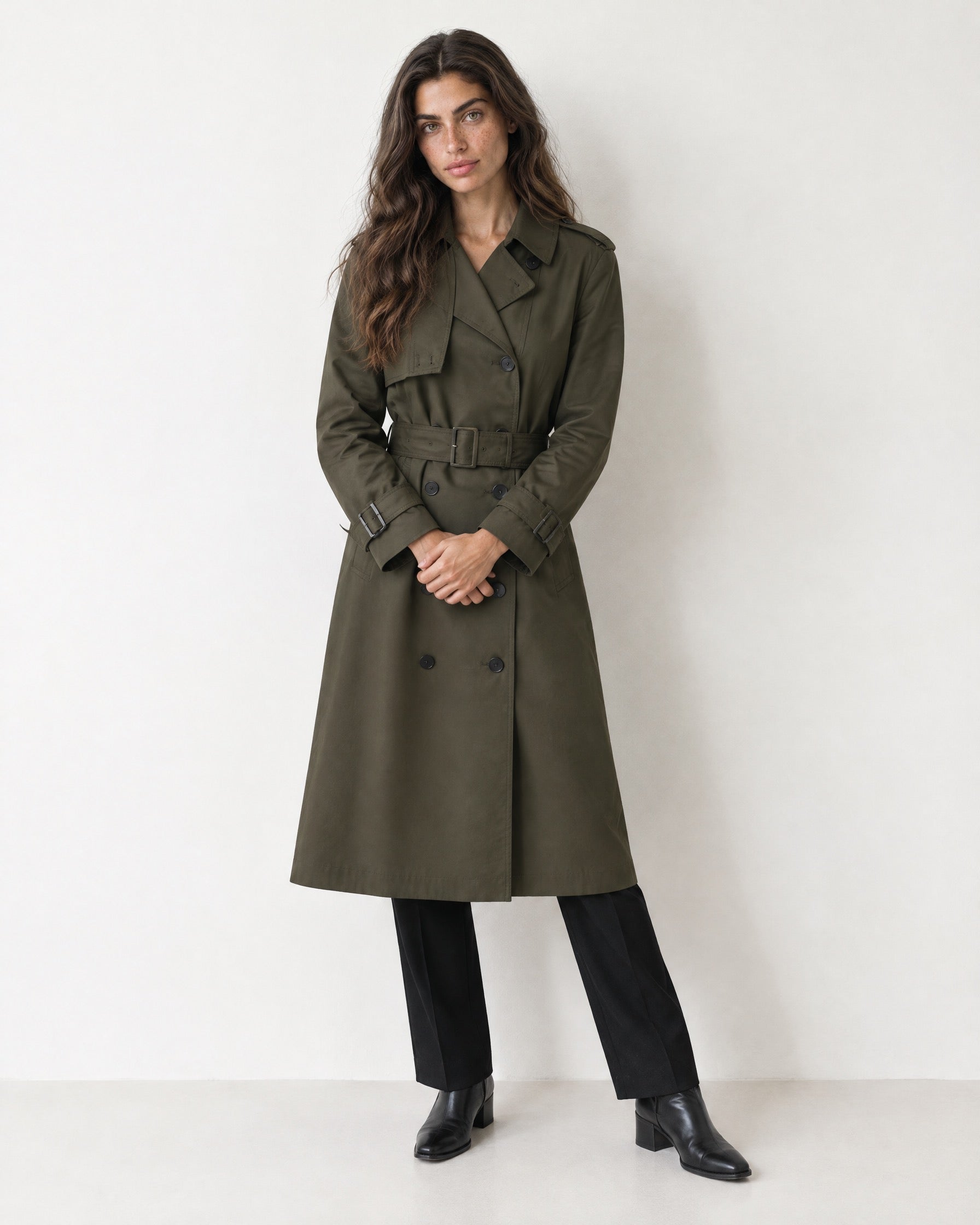Dark Green Long Trench Coat Belted Double Breasted