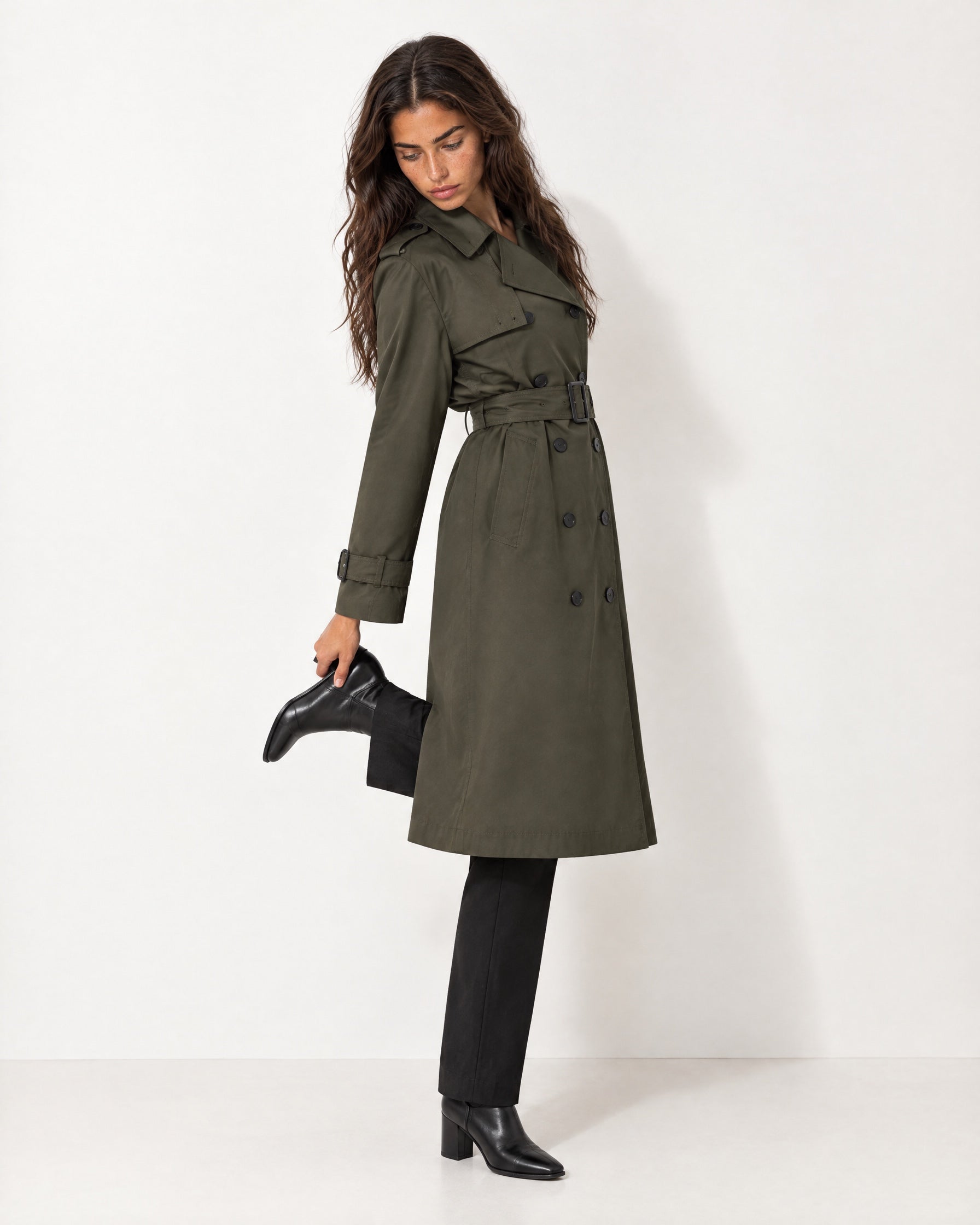 Dark Green Long Trench Coat Belted Double Breasted