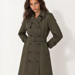Dark Green Long Trench Coat Belted Double Breasted