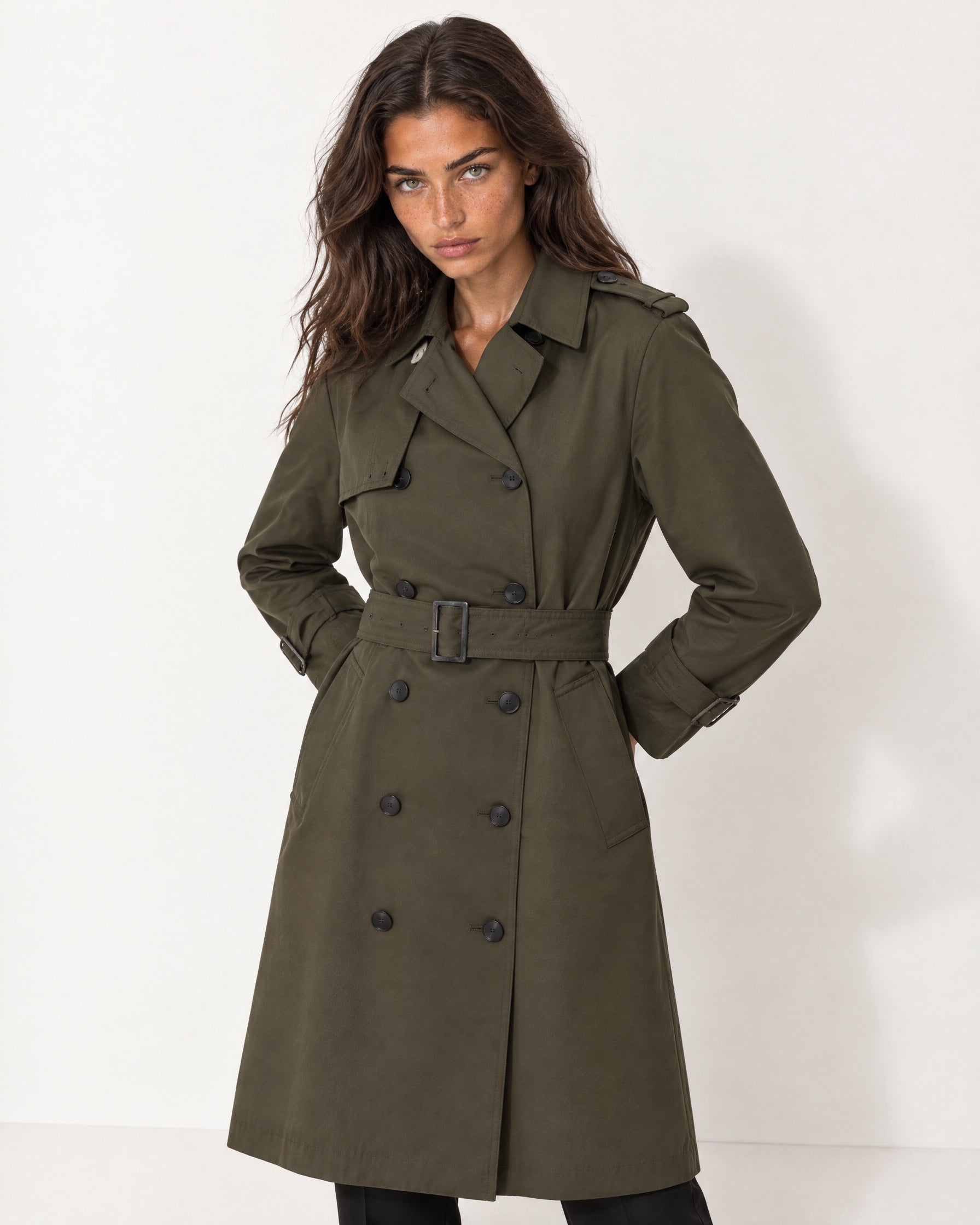 Dark Green Long Trench Coat Belted Double Breasted