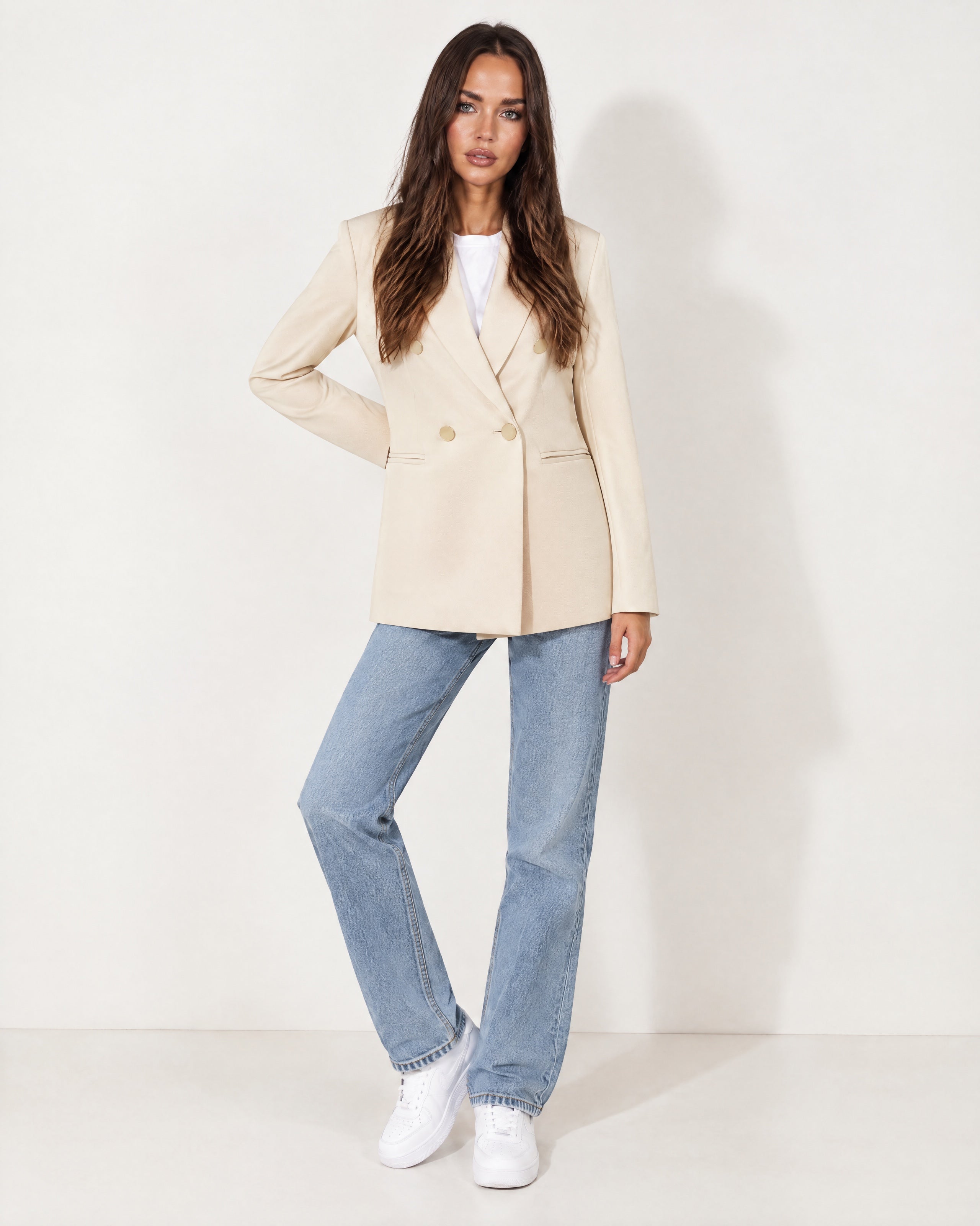 Cream Double Breasted Blazer Oversized with Gold Buttons