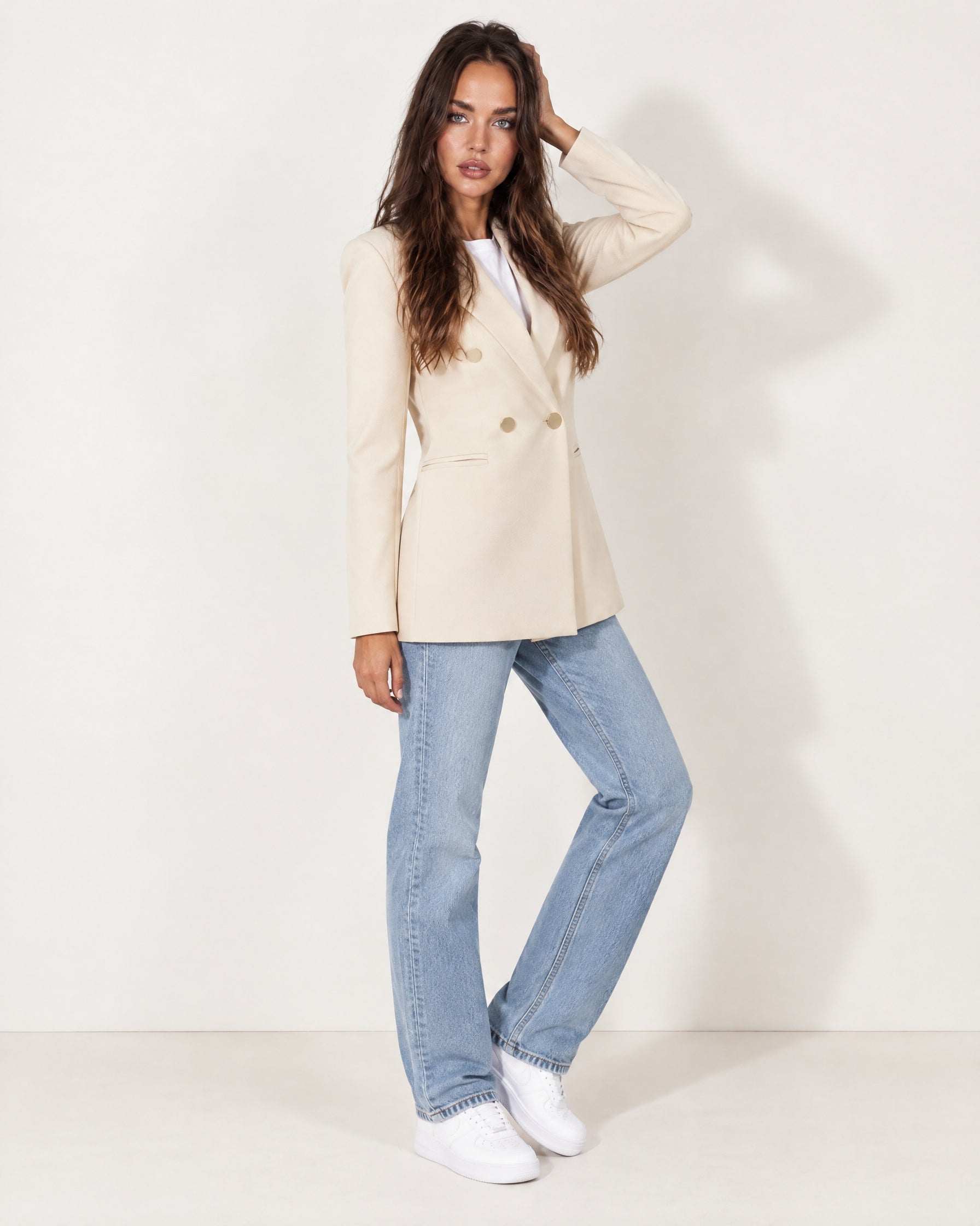 Cream Double Breasted Blazer Oversized with Gold Buttons